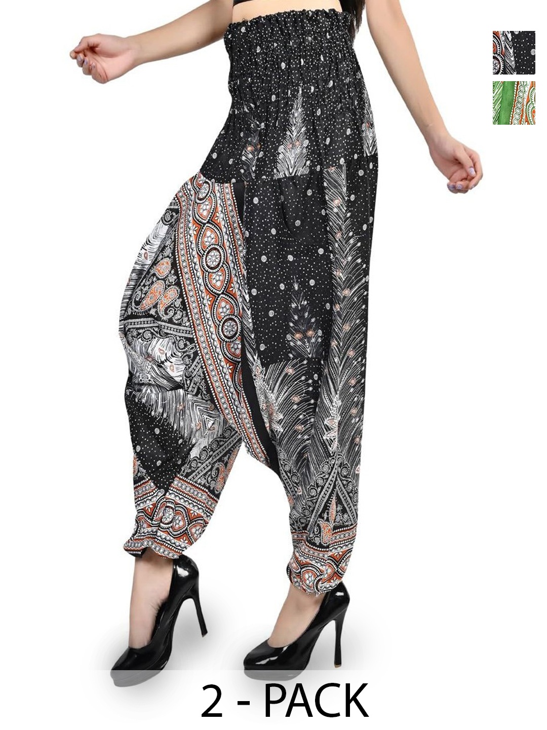 

NarNari Women Pack Of 2 Printed Mid-Rise Harem Pants, Black