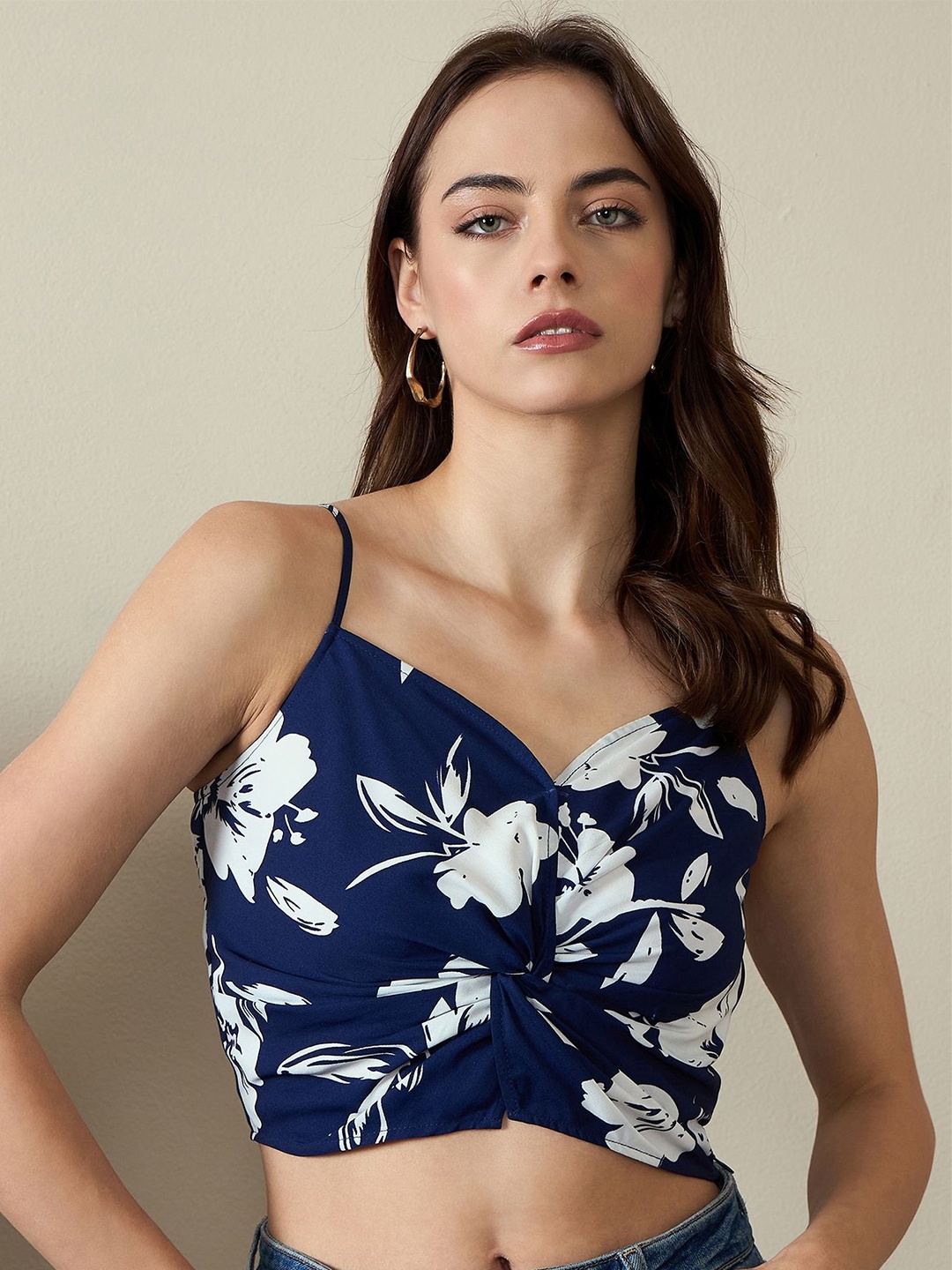 

Kibo Floral Printed Sweetheart Neck Crepe Twisted Front Bustier Crop Top, Navy blue