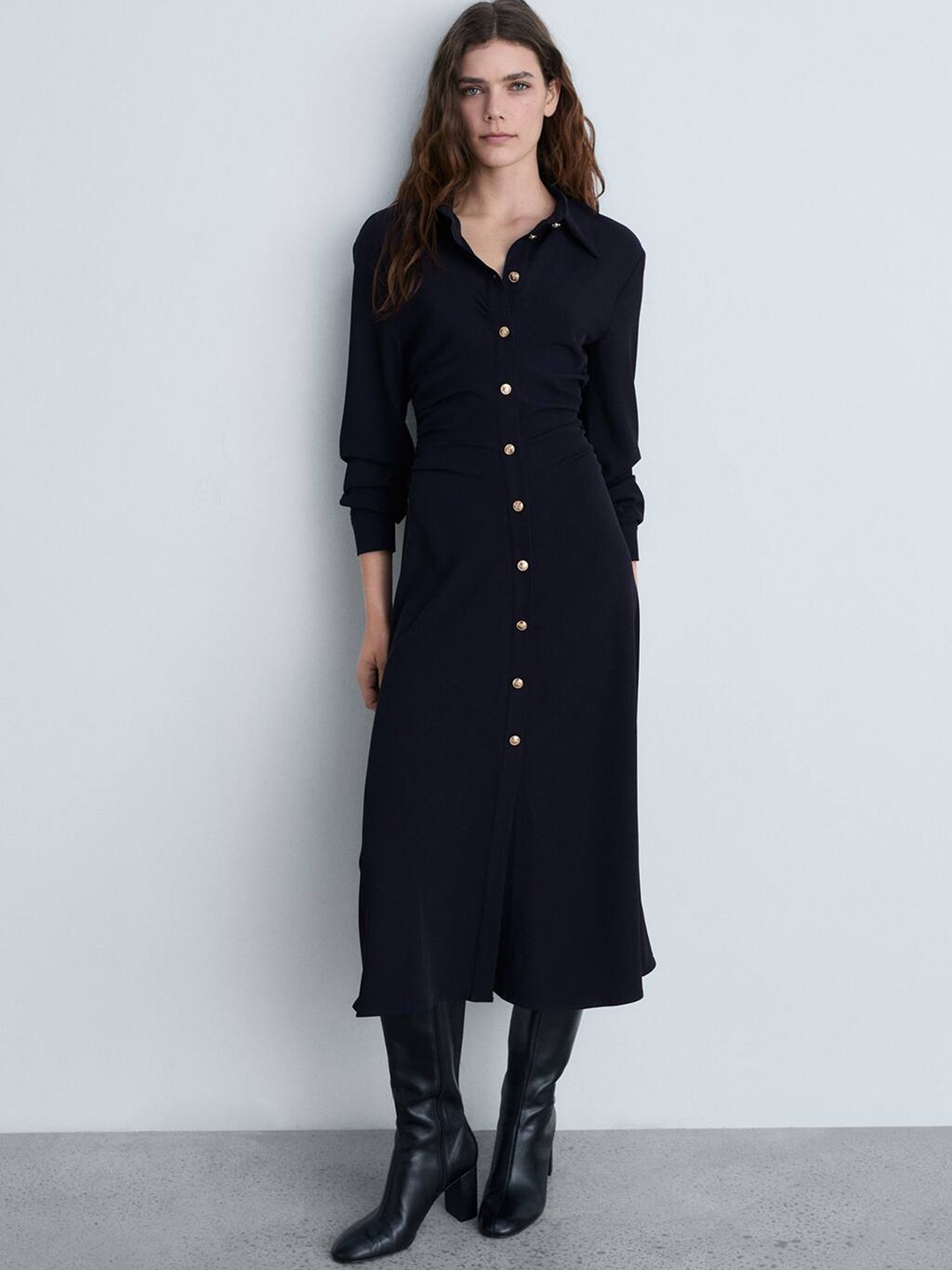 

MANGO Sheath Ruched Midi Dress, Navy blue