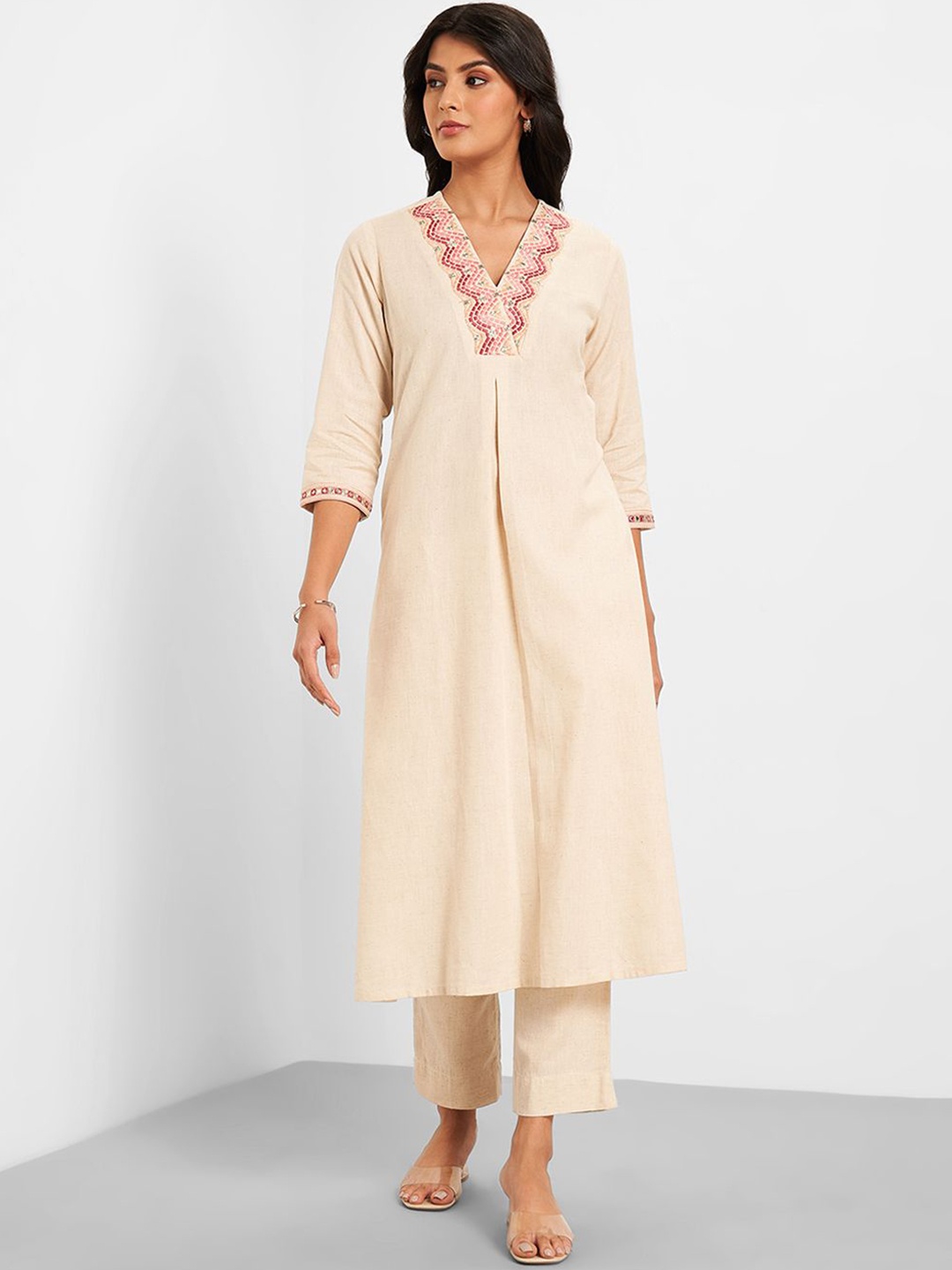 

RANGMANCH BY PANTALOONS Striped Embroidered Mirror Work V-Neck A-Line Pure Cotton Kurta, Off white