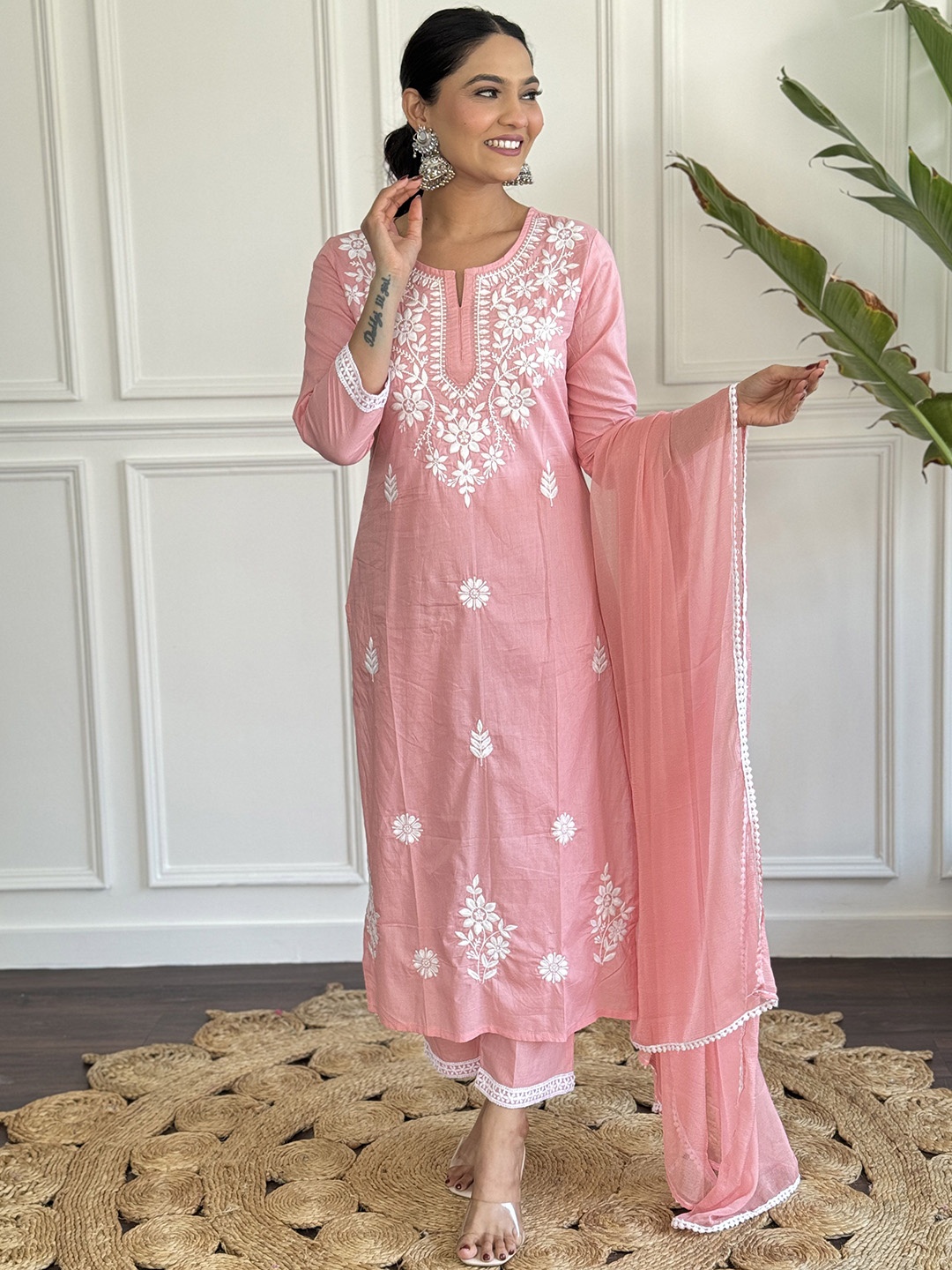 

KALINI Floral Embroidered Pure Cotton Chikankari Straight Kurta With Trousers And Dupatta, Peach