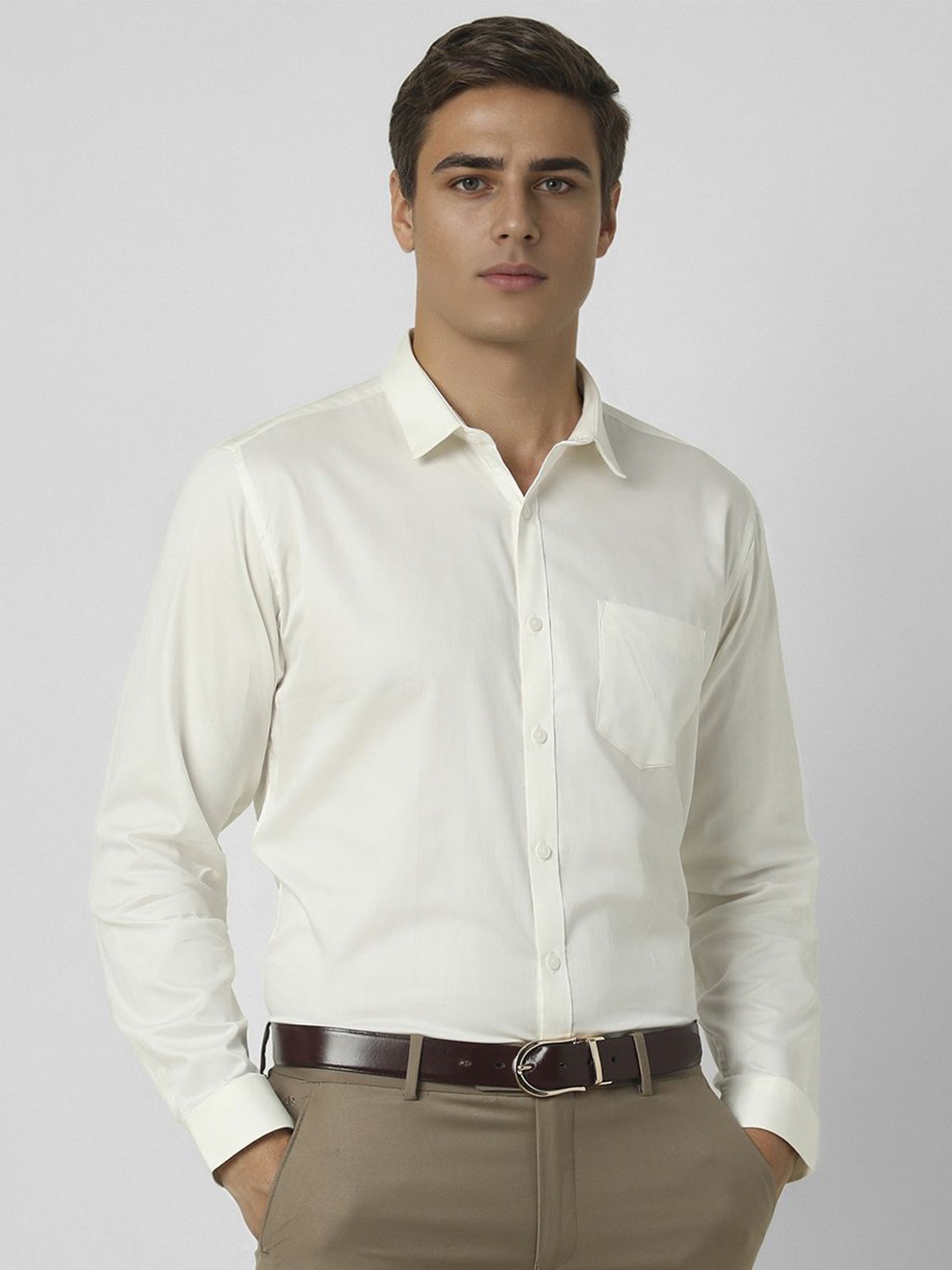 

V Dot Men Slim Fit Spread Collar Solid Cotton Formal Shirt, Cream
