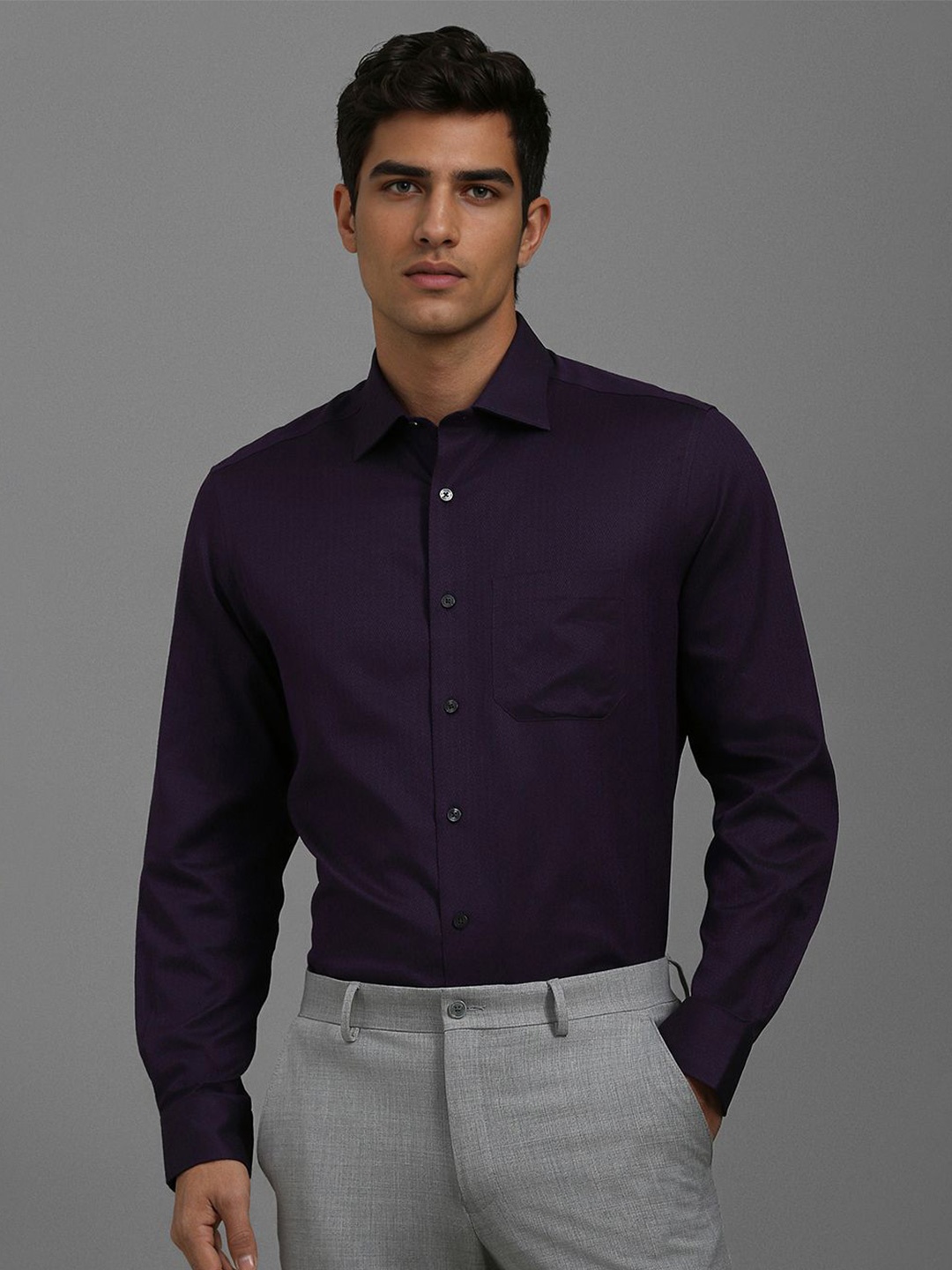 

Louis Philippe Men Classic Fit Spread Collar Textured Cotton Formal Shirt, Purple