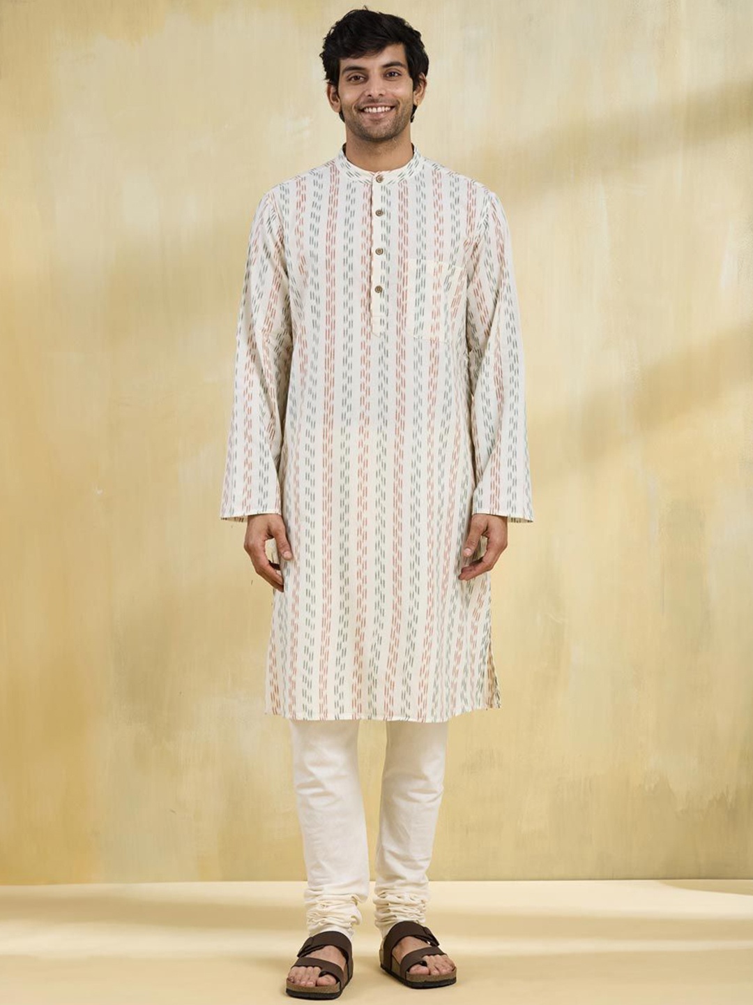 

Fabindia Men Geometric Printed Band Collar Ikat Cotton Straight Kurta, White