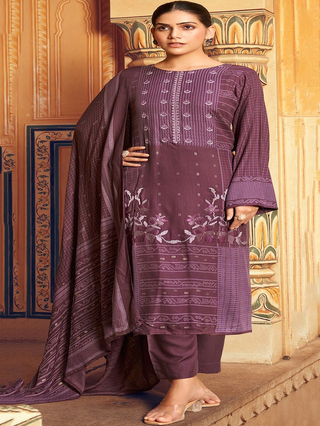

DRAVINAM Trends Floral Embroidered Unstitched Dress Material, Maroon