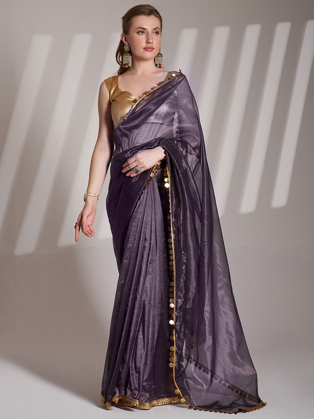 

Mitera Mirror Work Organza Saree, Purple