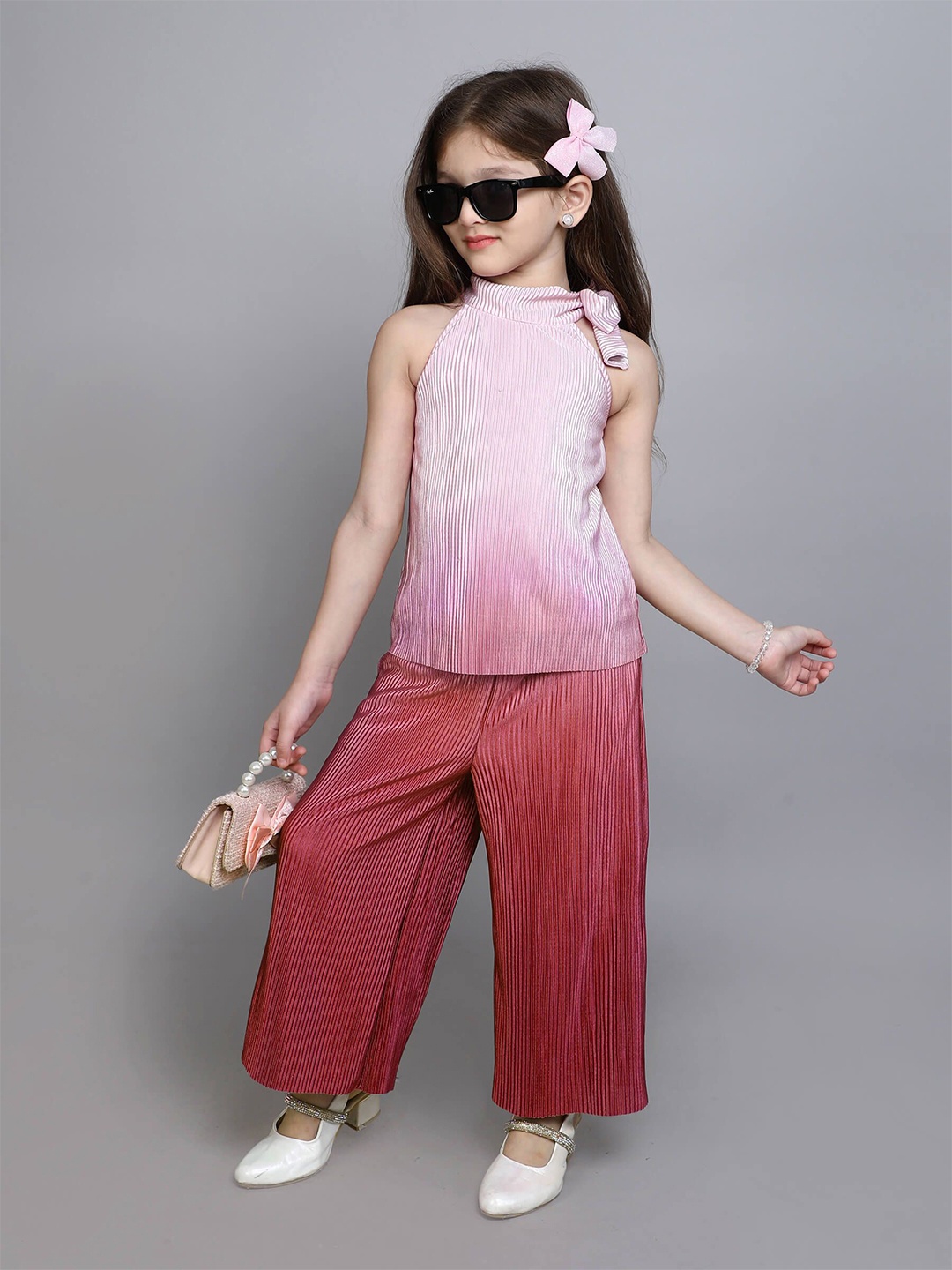 

taffykids Girls Ombre Dyed Halter Neck Top With Palazzo, Pink