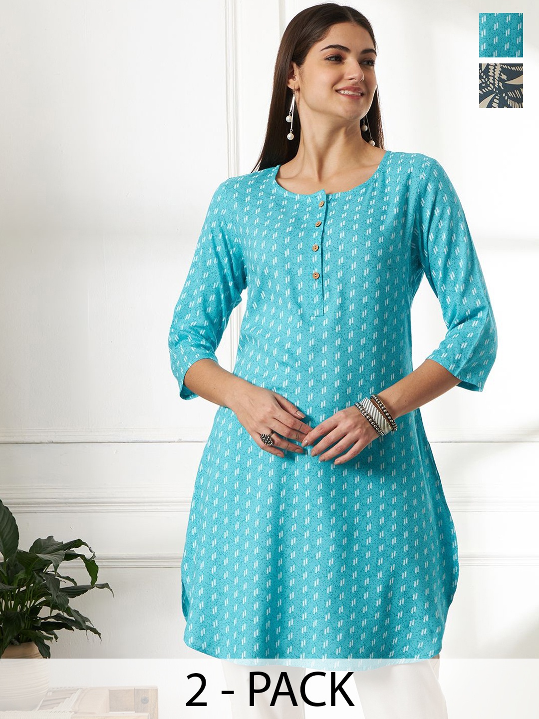 

Anouk Rustic Selection Of 2 Floral Printed Round Neck Straight Kurta, Blue