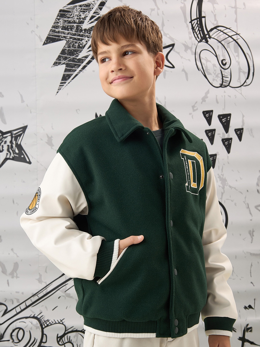 

max Boys Spread Collar Typography Printed Casual Bomber Jacket, Green