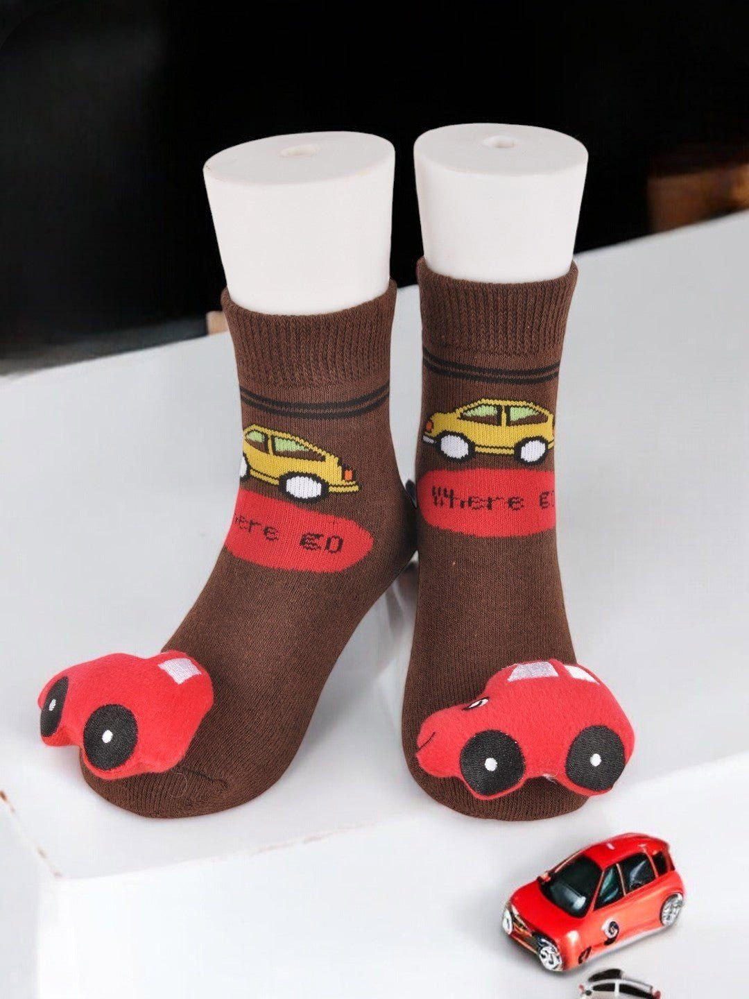 

Yellow Bee Boys Car Stuffed Patterned Above Ankle Length Socks, Brown