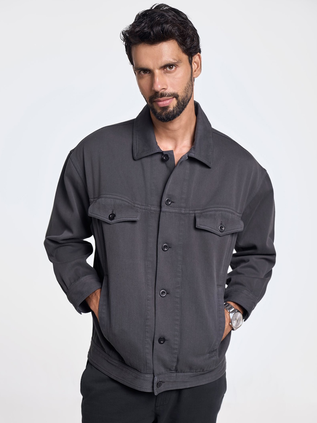 

Terra Luna Men Spread Collar Solid Cotton Casual Bomber Jacket, Charcoal