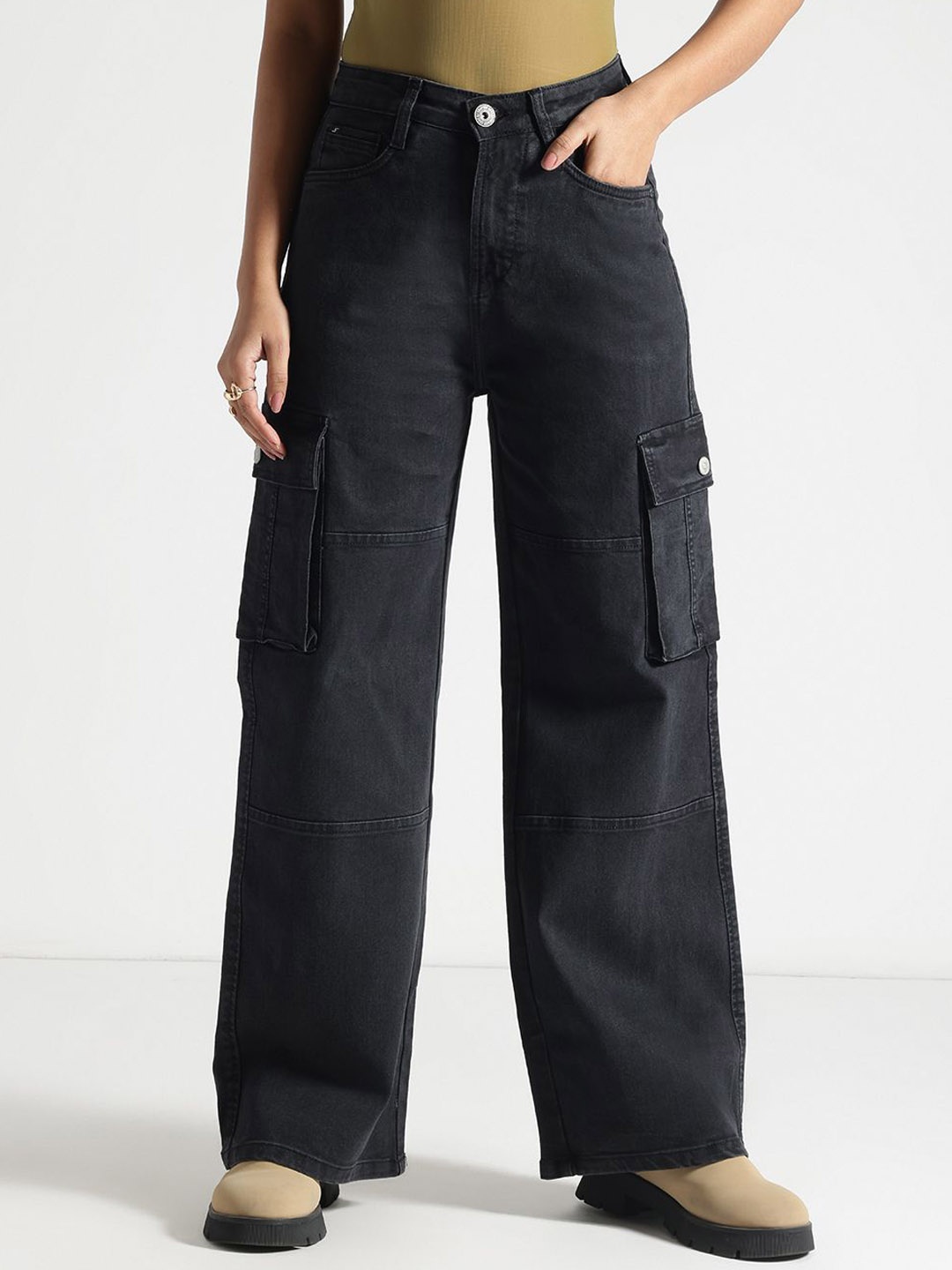 

Code 61 Women Wide Leg Light Fade Stretchable Jeans, Charcoal