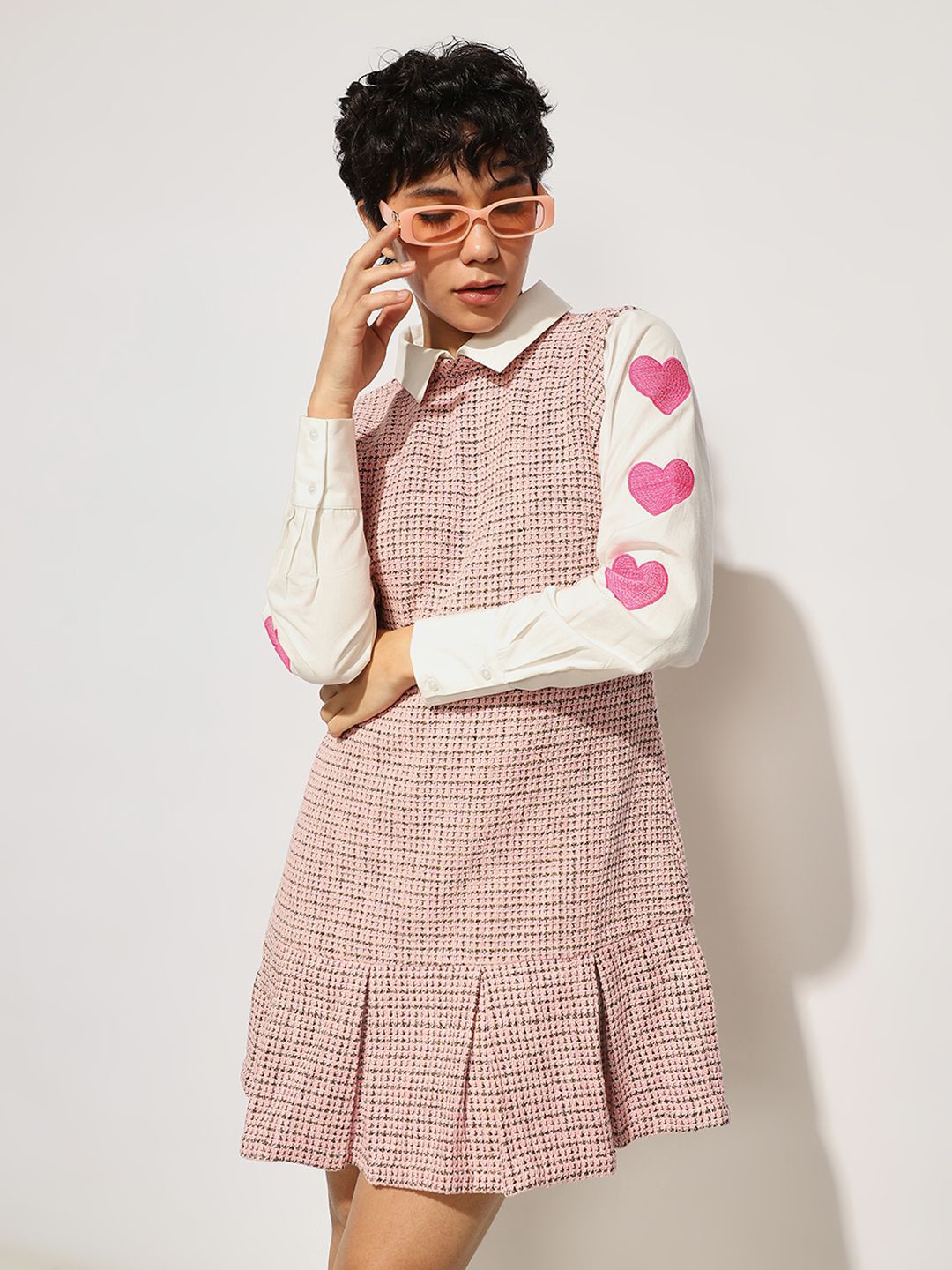 

ONLY Checked Applique Jacquard Shirt Mini Dress, Pink
