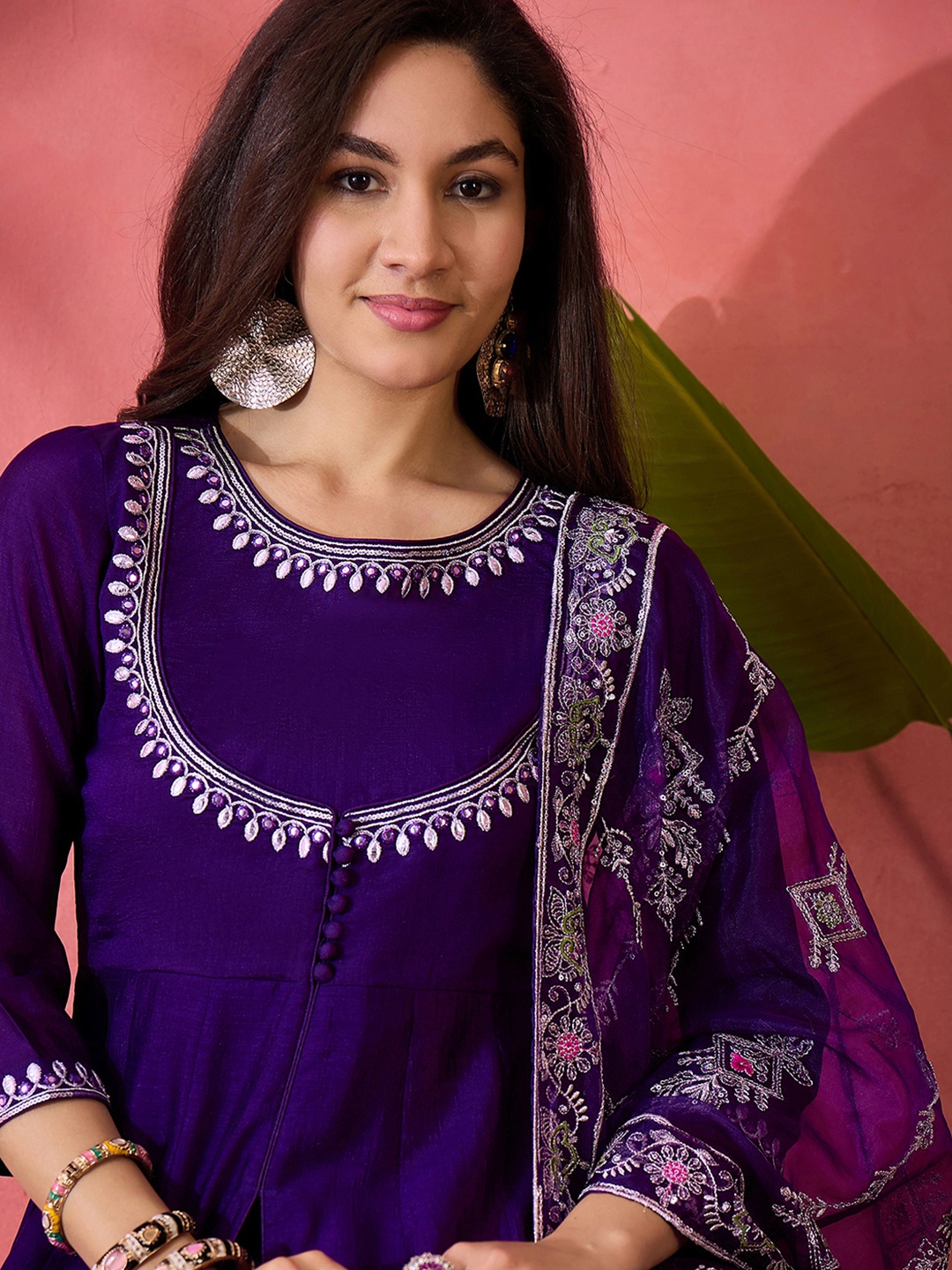 

Sangria Purple Thread Work Round Neck Anarkali Kurta With Palazzos And Dupatta