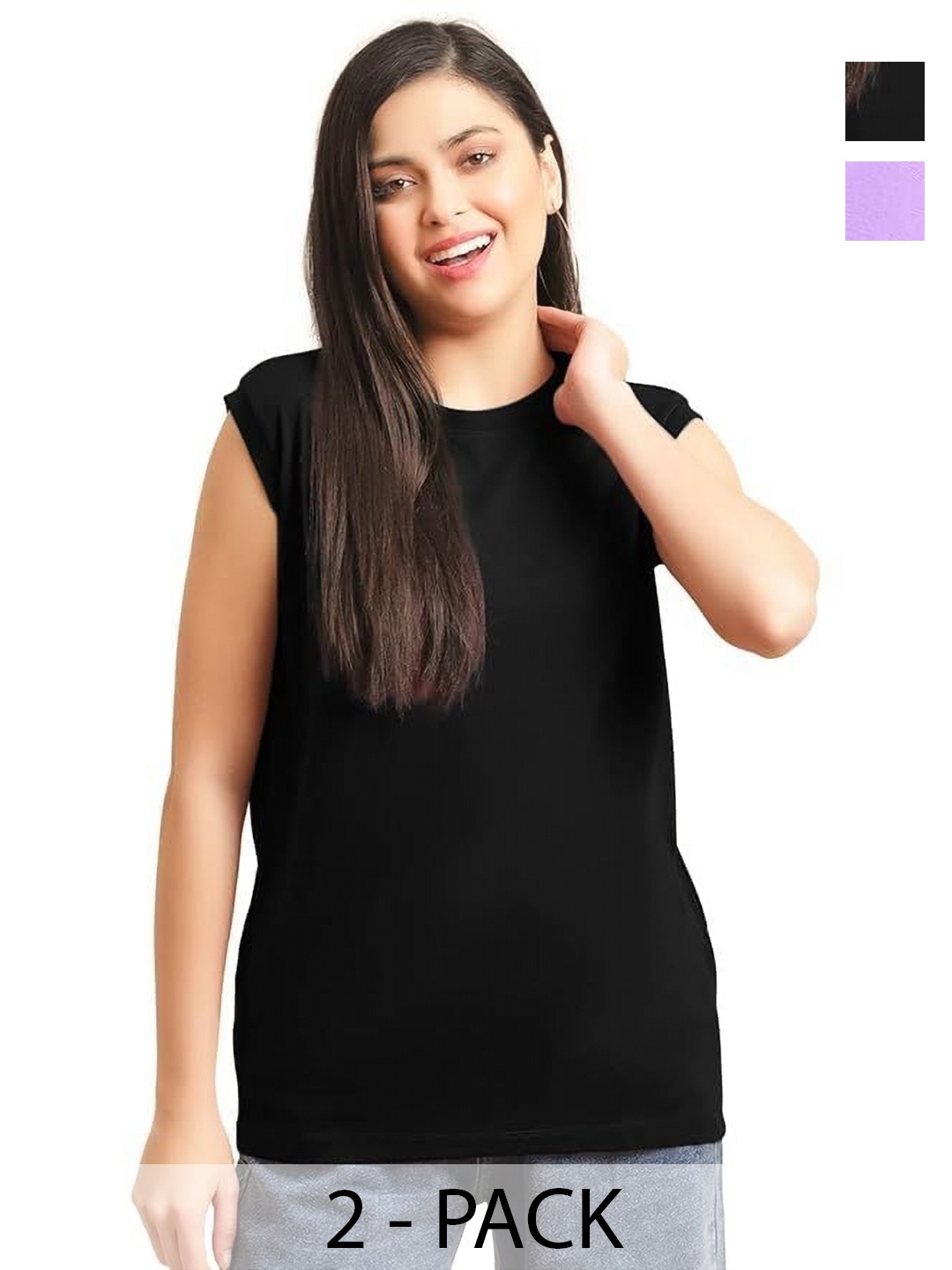 

NOTWILD Women Pack Of 2 Solid Round Neck Cotton T-shirts, Black