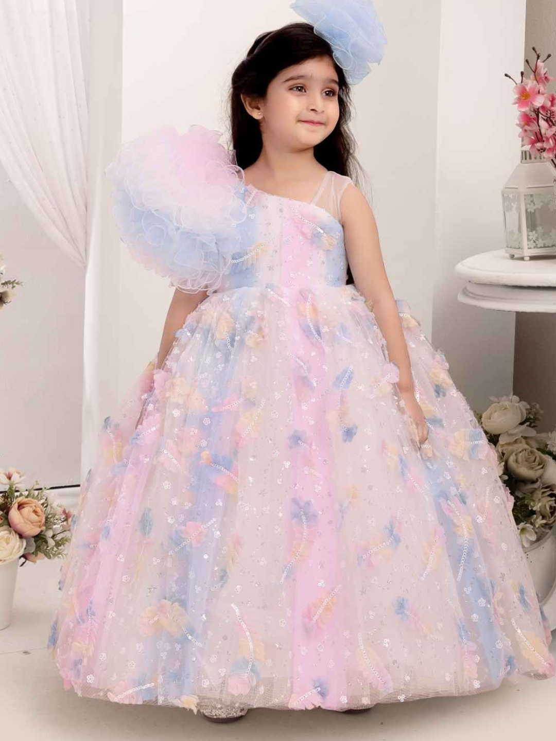 

Lagorii Girls Floral Asymmetric Neck Ruffle Net Fit & Flare Maxi Dress, Pink