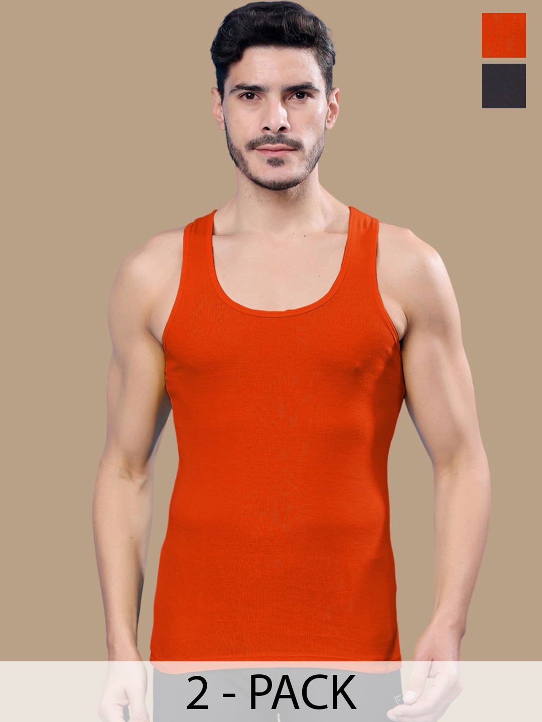 

Friskers Pack Of 2 Cotton Ribbed Gym Vest 24012025R-08-17, Orange