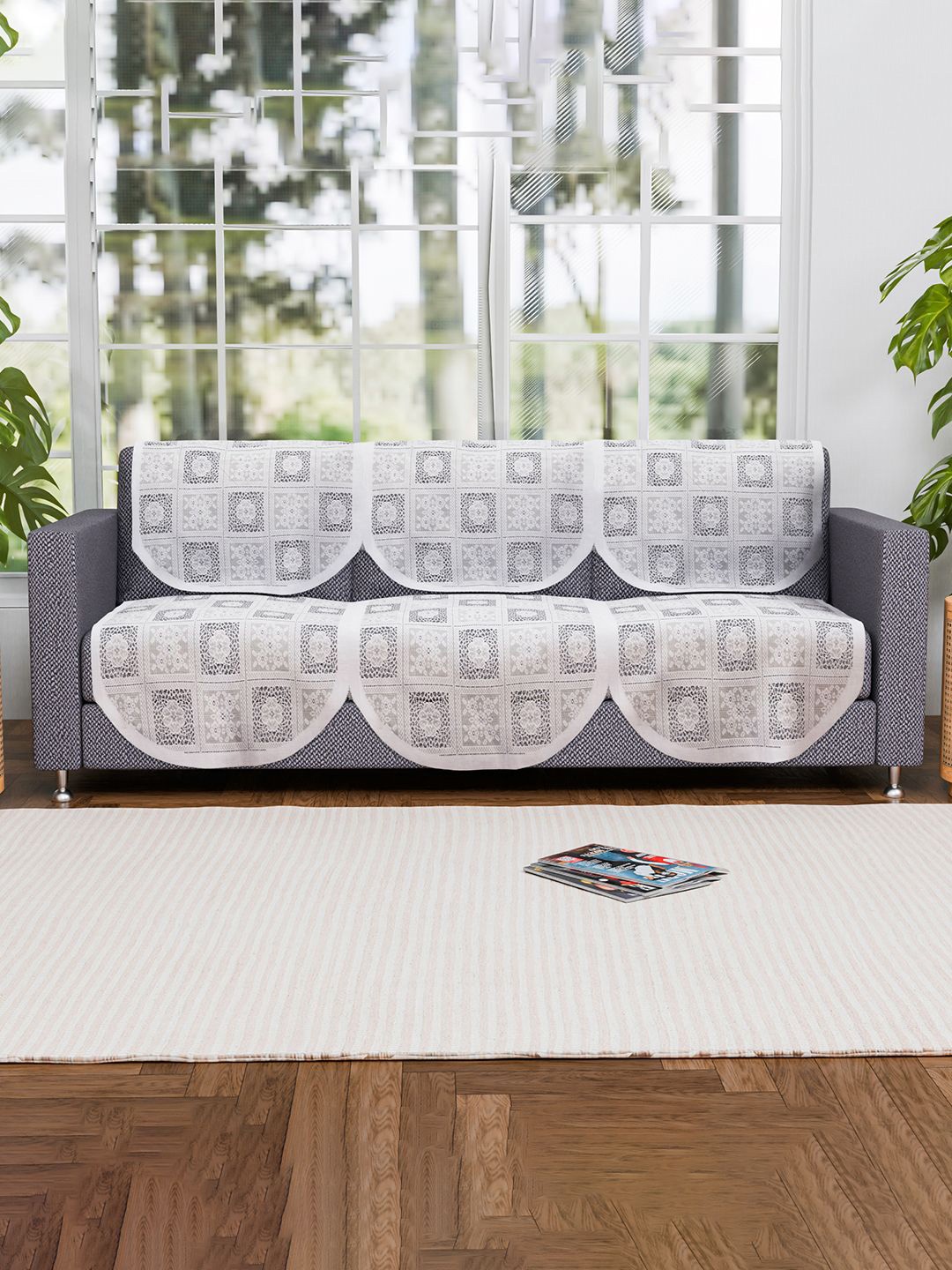 

Kuber Industries White 6 Pieces 3 Seater Self Design Cotton Sofa Covers