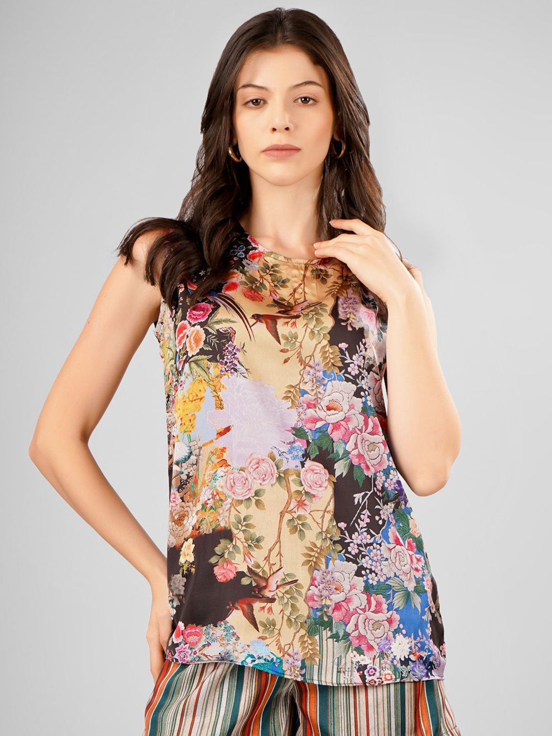 

Sukshat Floral Print Keyhole Neck Satin Top, Multi