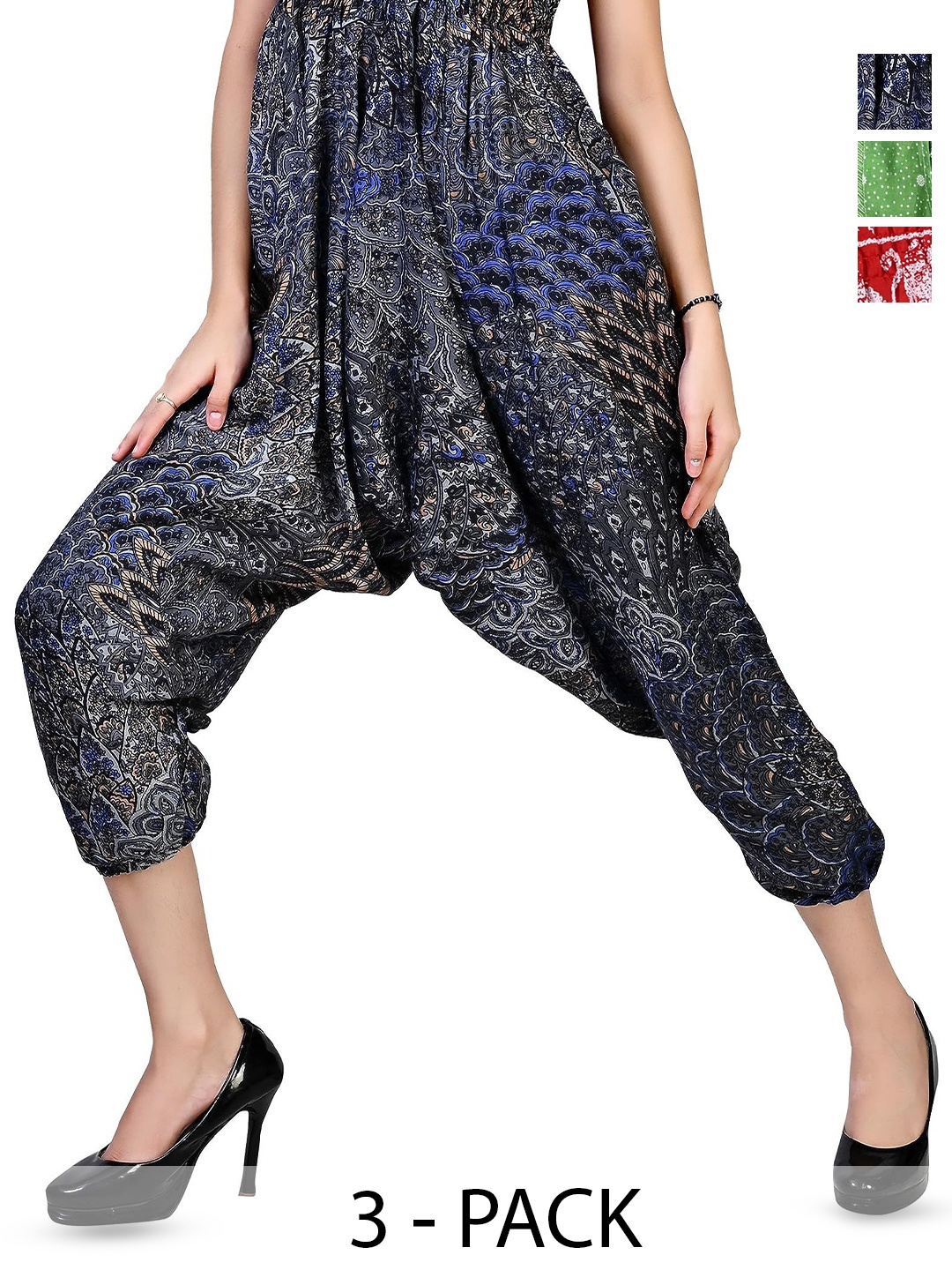 

NarNari Women Pack Of 3 Ethnic Motifs Printed Mid-Rise Harem Pants, Green
