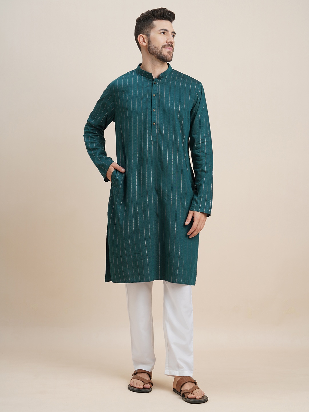 

SWAGG INDIA Geometric Woven Design Mandarin Collar Straight Kurta, Teal