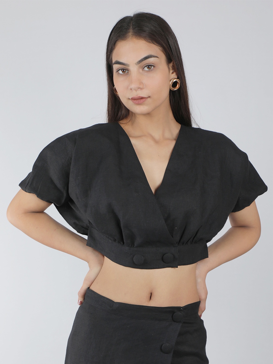 

House of Harakh Women Puff Sleeves Crop Blouson Top, Black