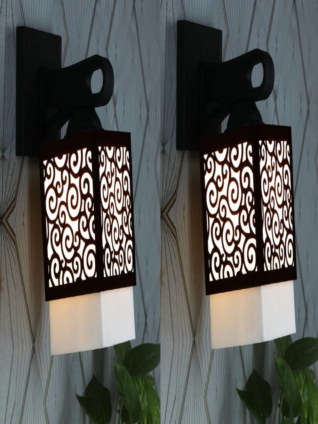 

Gojeeva Black & White 2 Pieces Textured Wooden Rectangle Shaped Wall Lamps