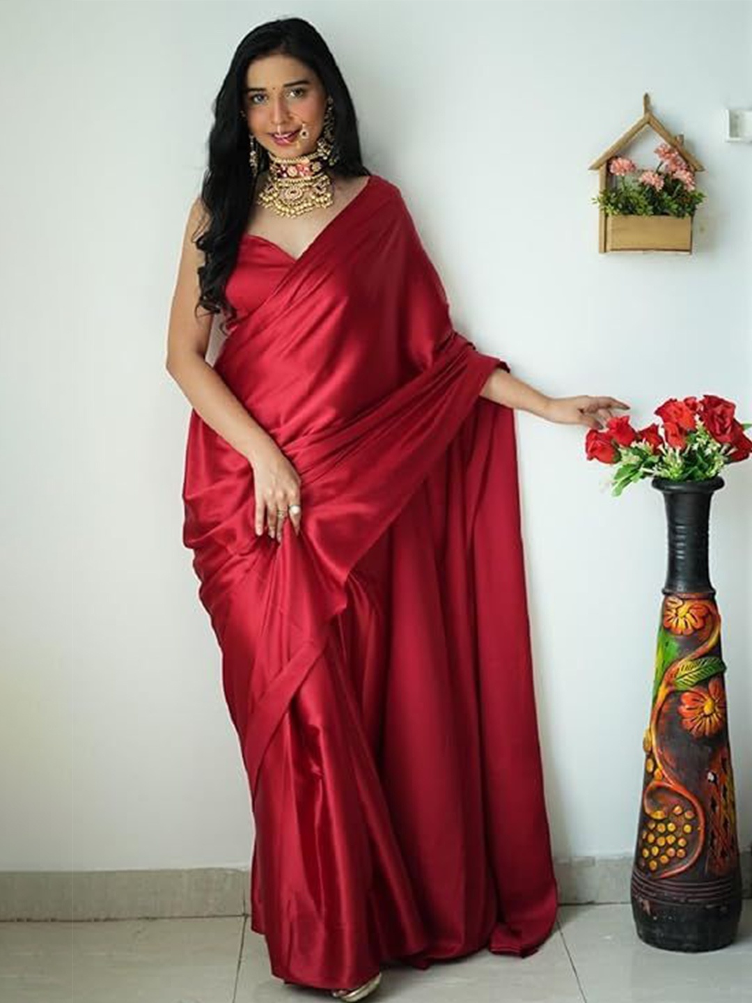 

Shopaz Satin Ready to Wear Saree, Maroon