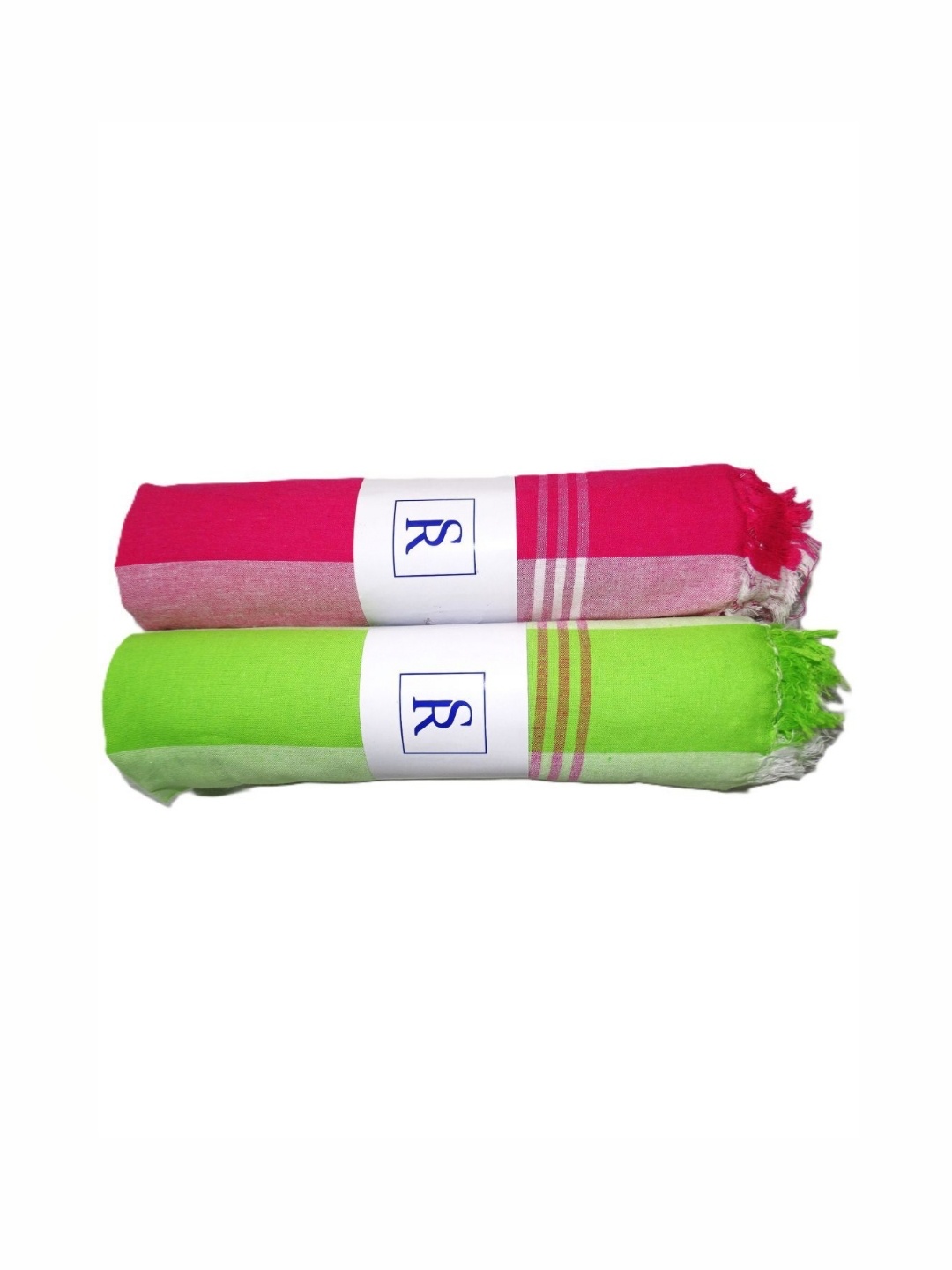 

SR HANDLOOMS AND TEXTILES Green & Pink 2 Piece Striped Cotton 250 GSM Towel Set