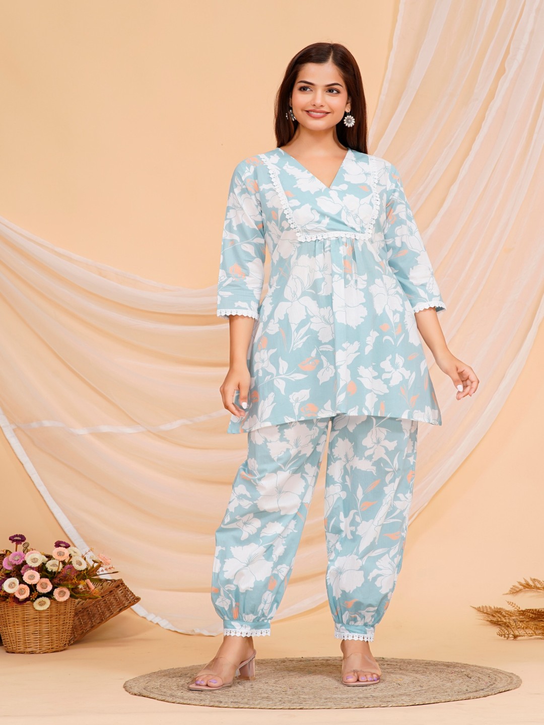 

JAGNA Floral Printed V-Neck Pure Cotton A-line Pleated Kurta With Salwar, Blue