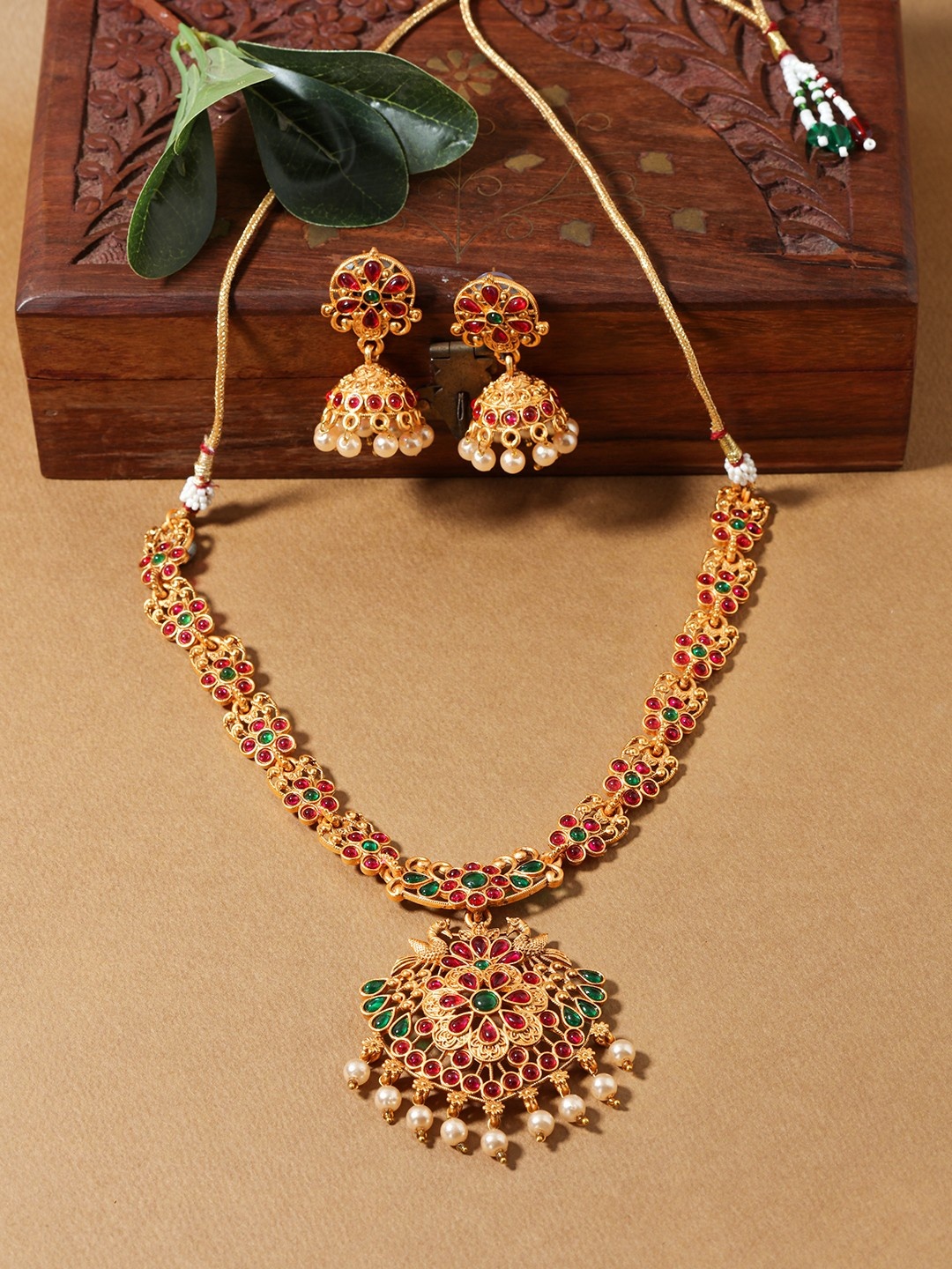 

Anouk Gold-Plated Stone Studded And Beaded Lakshmi Motif Temple Necklace And Earrings