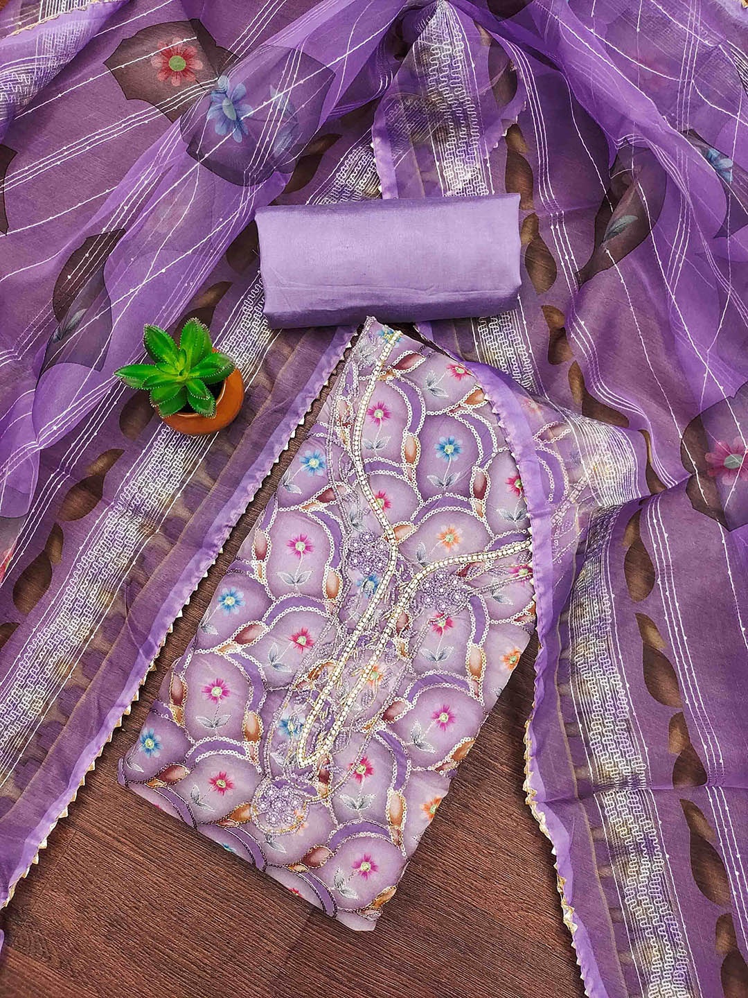 

KALINI Embellished Organza Unstitched Dress Material, Purple