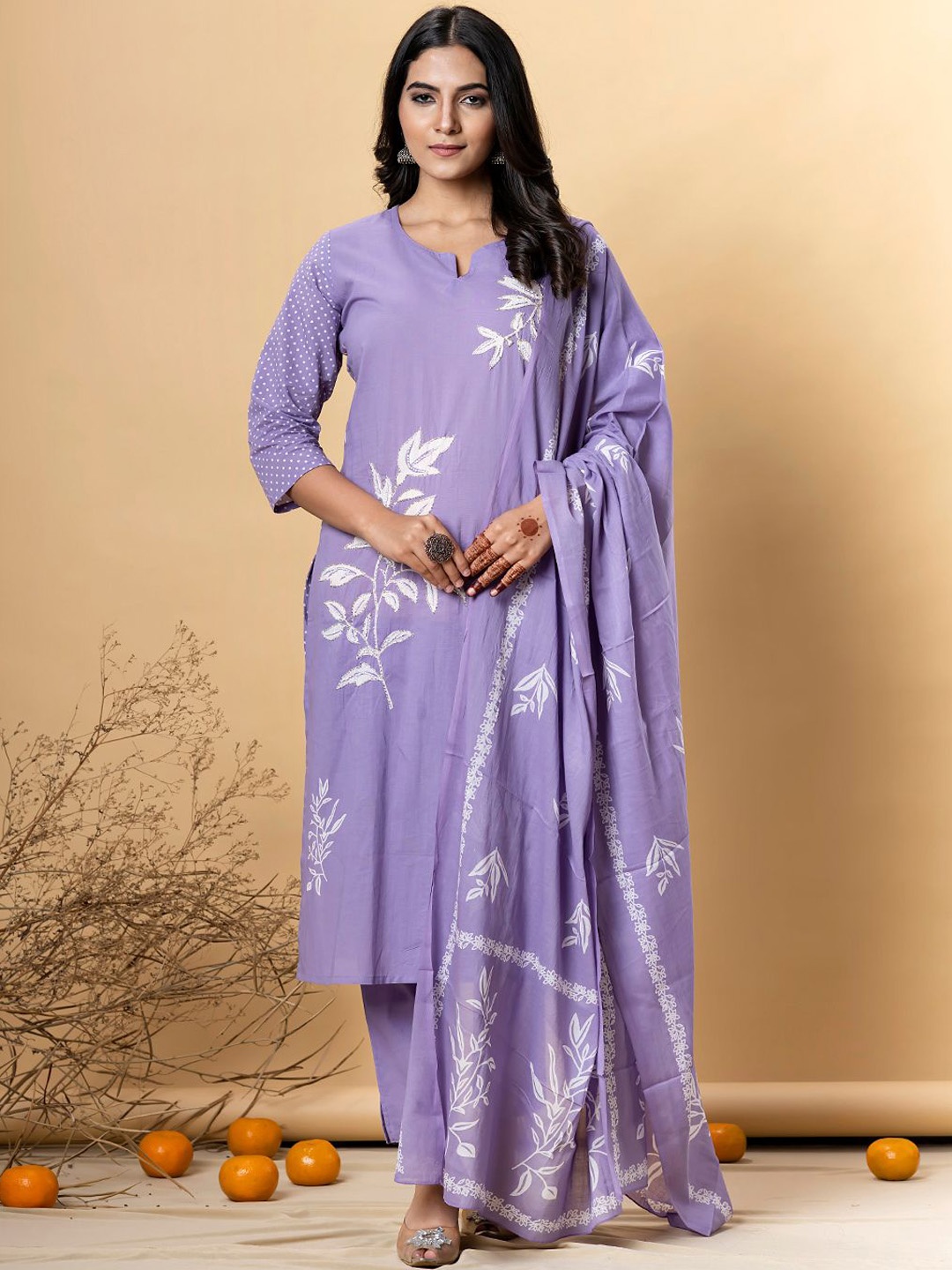 

Readiprint Floral Printed Straight Pure Cotton Kurta With Palazzos And Dupatta, Purple