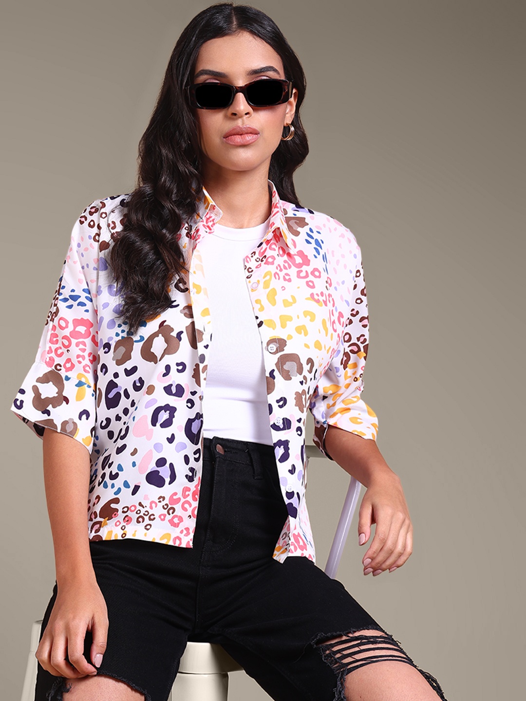 

DressBerry Women Spread Collar Abstract Printed Casual Shirt, White