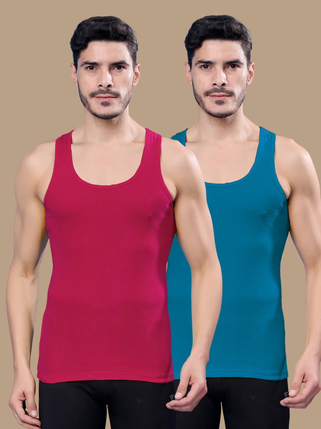 

Friskers Men Pack Of 2 Cotton Ribbed Gym Vest 24012025R-07-20, Pink