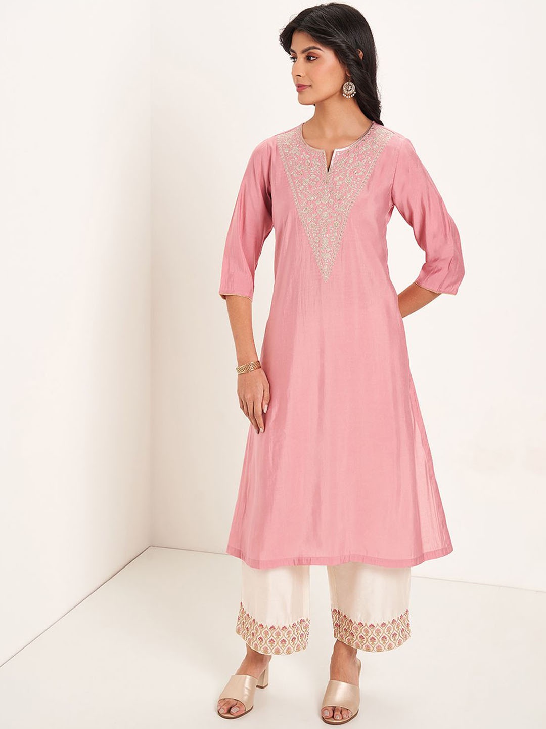 

RANGMANCH BY PANTALOONS Floral Embroidered Yoke Design Notch Neck A-Line Kurta, Pink