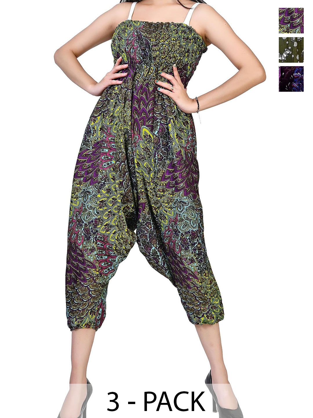 

NarNari Women Pack Of 3 Ethnic Motifs Printed Loose Fit Harem Pants, Green