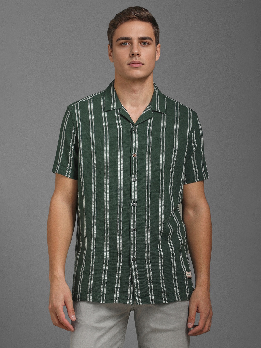 

Louis Philippe Jeans Men Cuban Collar Vertical Striped Cotton Casual Shirt, Green