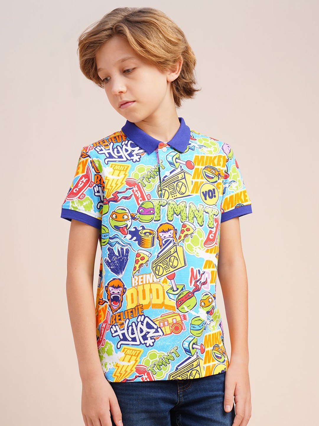 

Jack & Jones Junior Boys Graphic Printed Polo Collar Cotton T-shirt, Blue