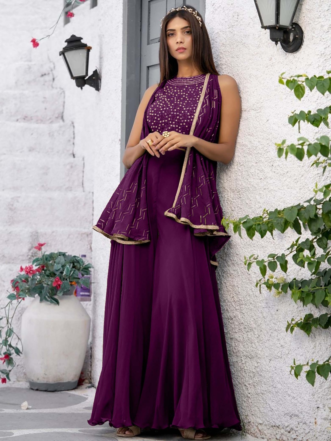 

SANCIA Geometric Embroidered Halter Neck Sequinned Crop Top With Palazzos & Dupatta, Purple