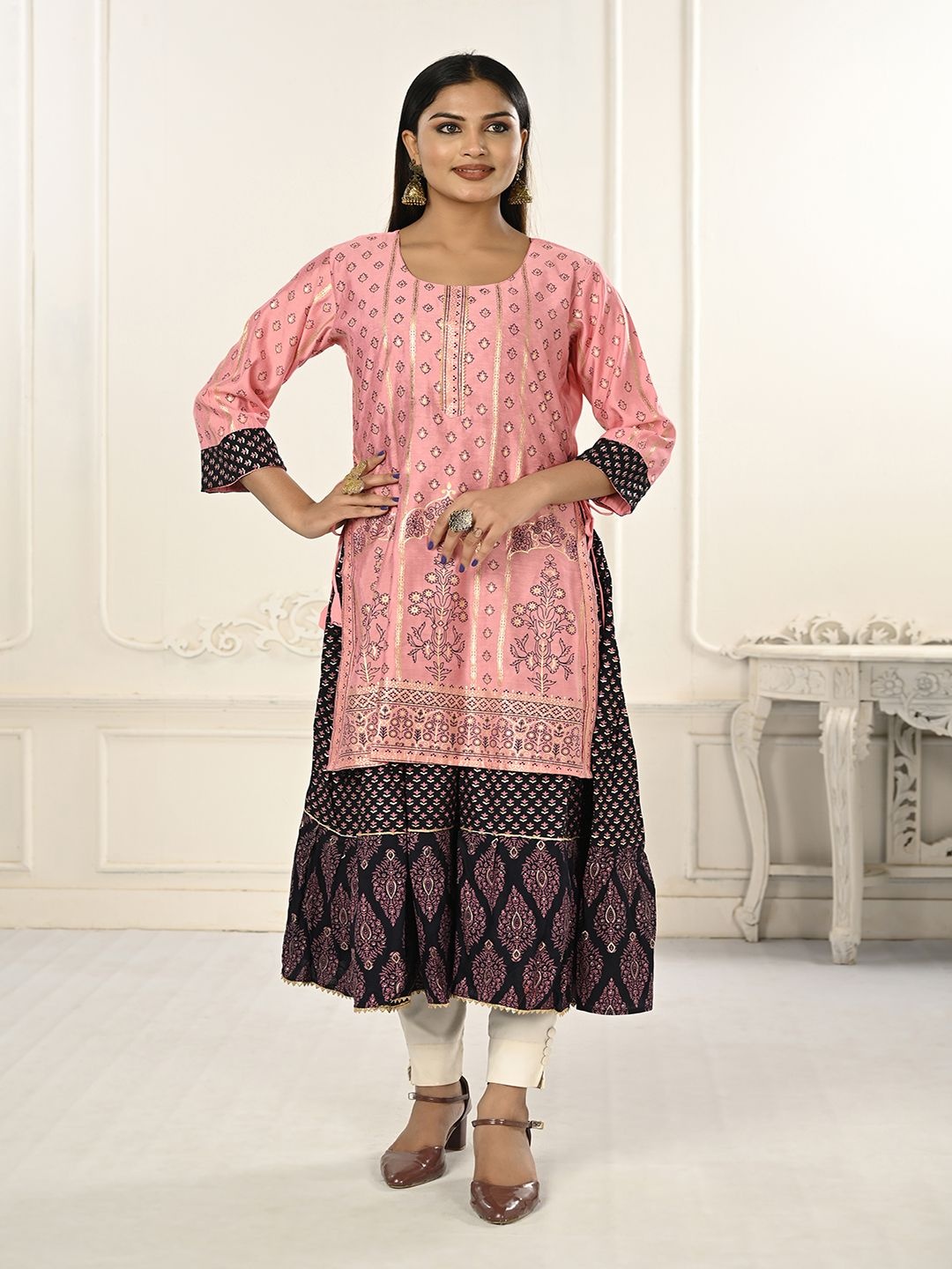 

Krimmple Ethnic Motifs Printed Round Neck Foil Print Cotton Anarkali Kurta, Pink