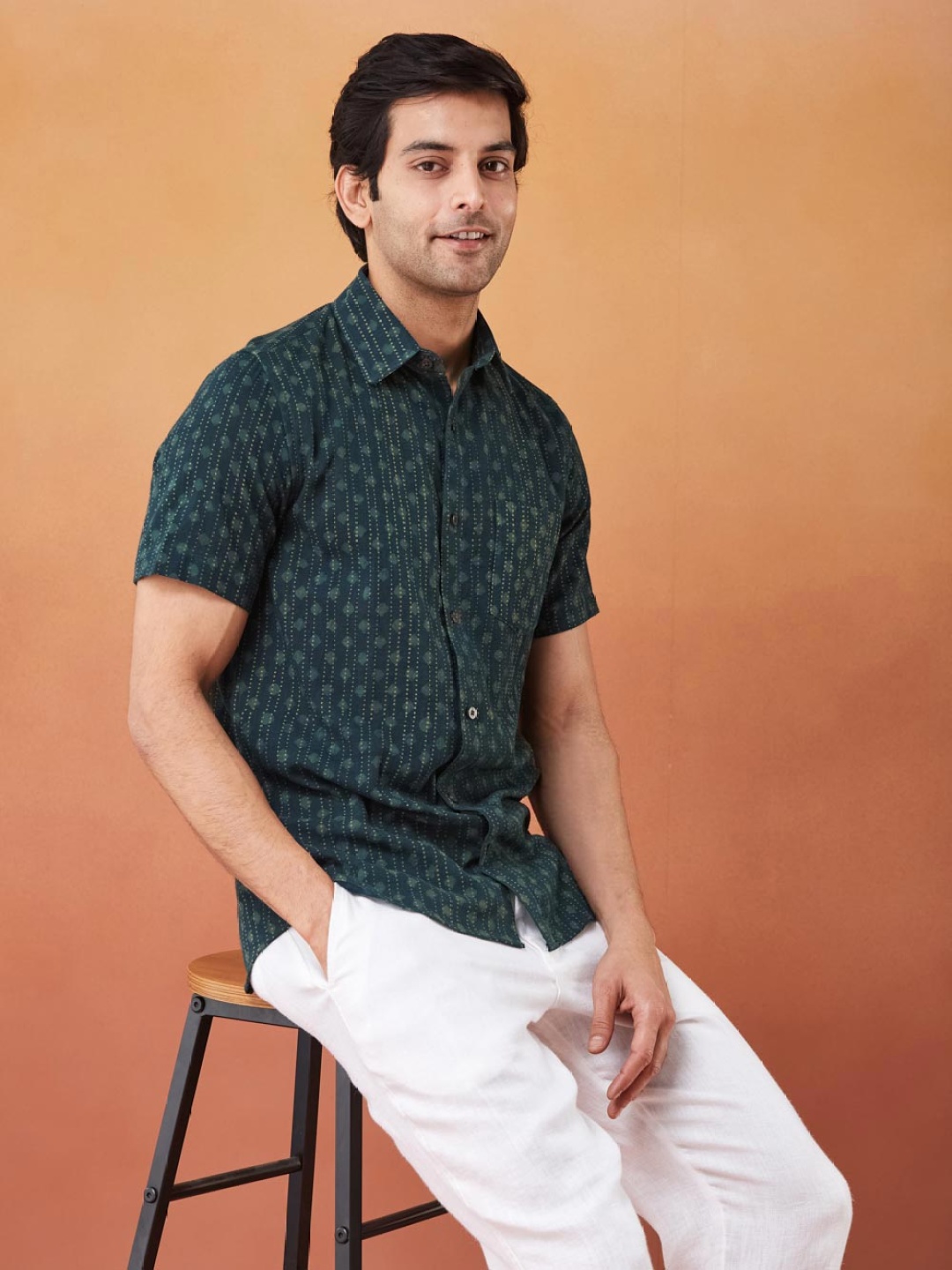 

Fabindia Women Slim Fit Spread Collar Geometric Printed Cotton Casual Shirt, Green