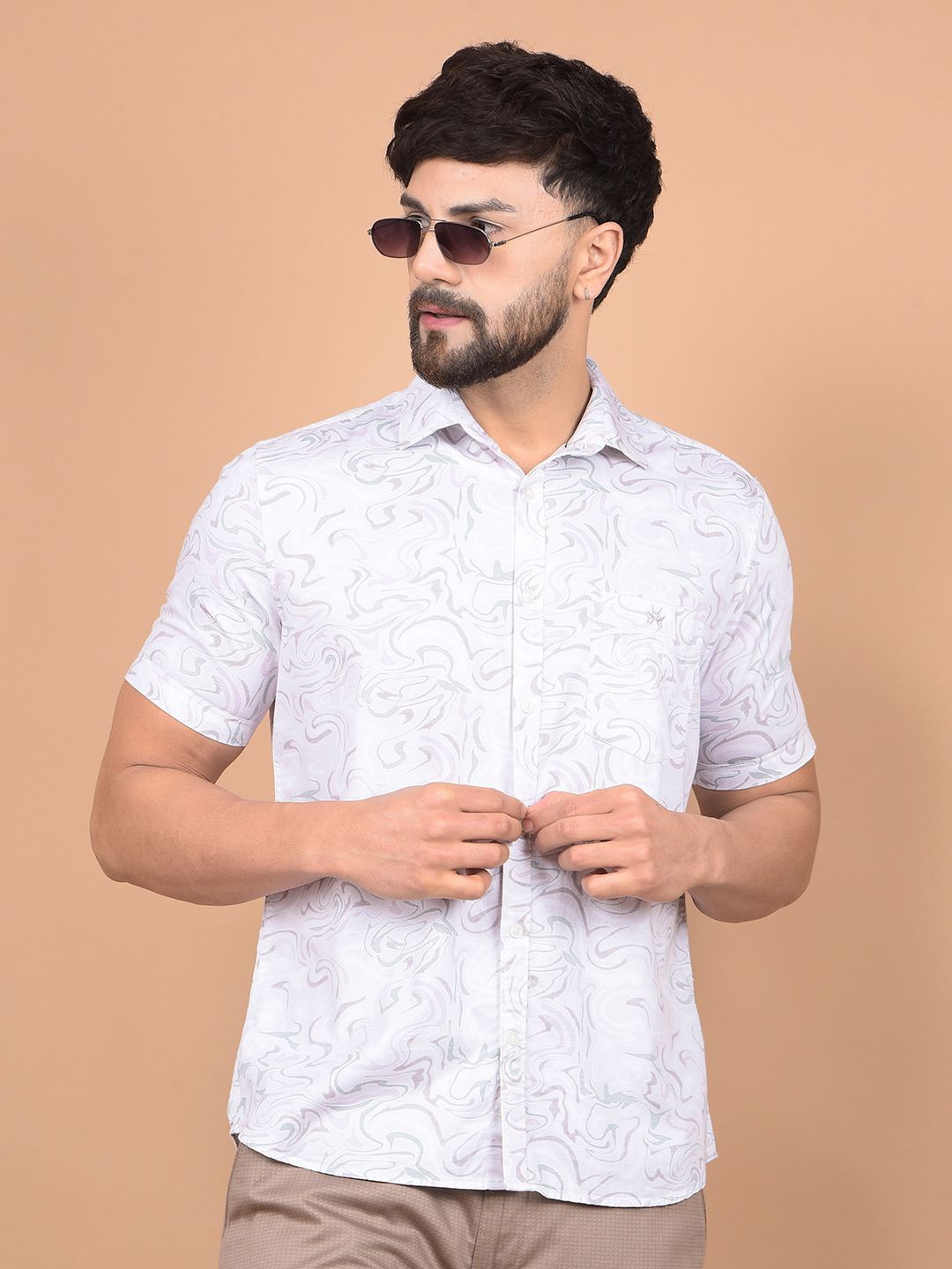

Crimsoune Club Men Premium Slim Fit Spread Collar Abstract Printed Cotton Casual Shirt, White