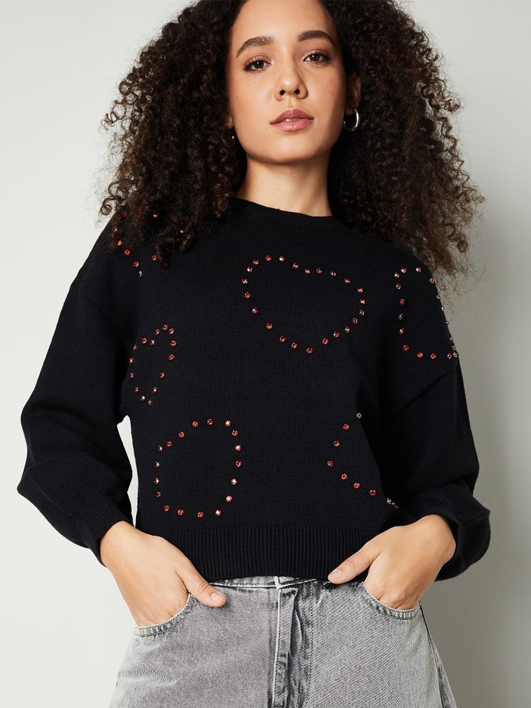 

max Women Embroidered Pullover with Embellished Detail, Black