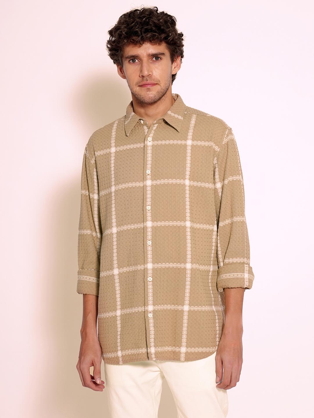 

SELECTED Men Relaxed Fit Spread Collar Windowpane Checked Cotton Casual Shirt, Beige