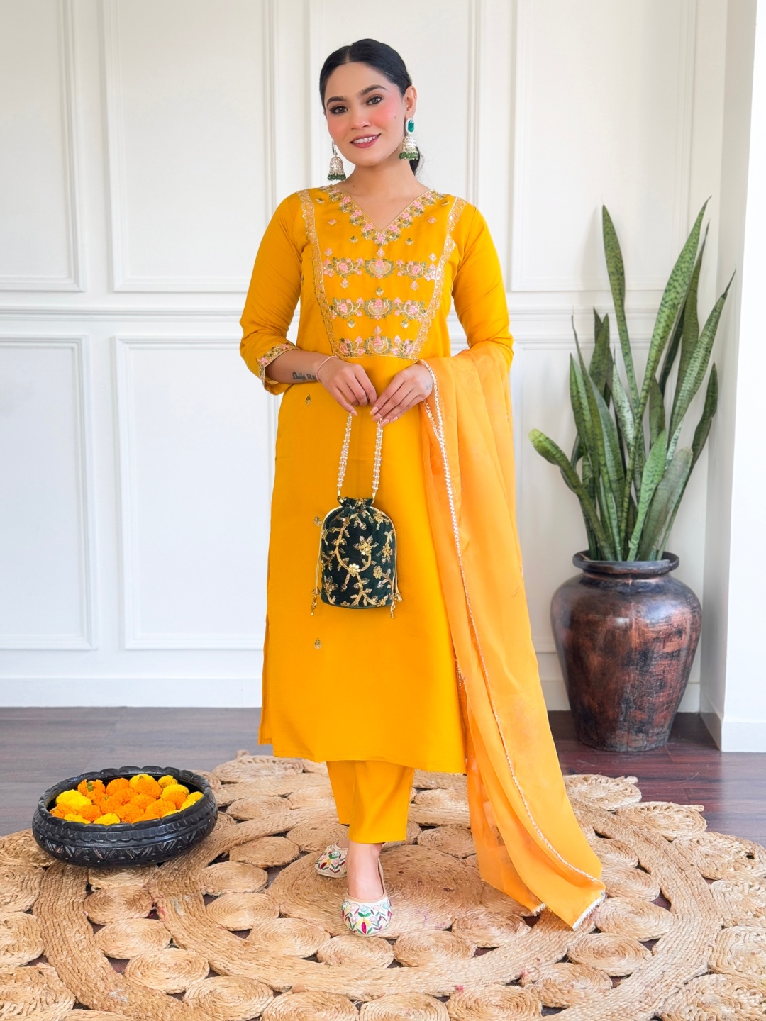 

KALINI Floral Embroidered V-Neck Straight Kurta With Trouser & Dupatta, Yellow