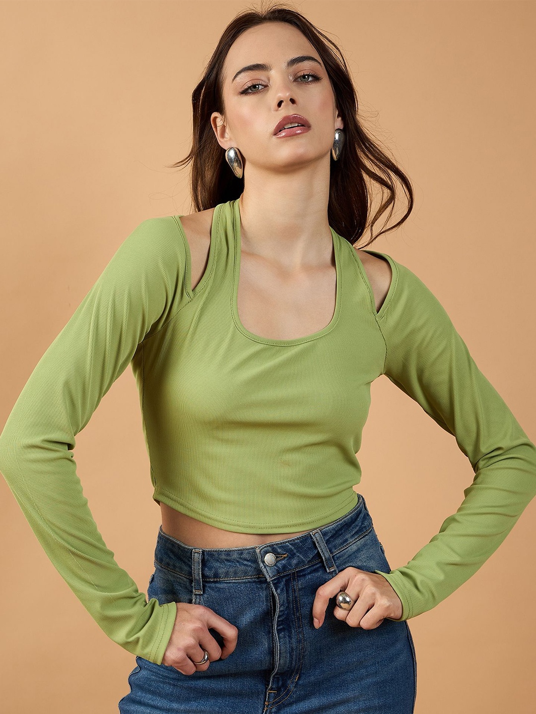 

Kibo Women Halter Neck Fitted Crop Top, Green