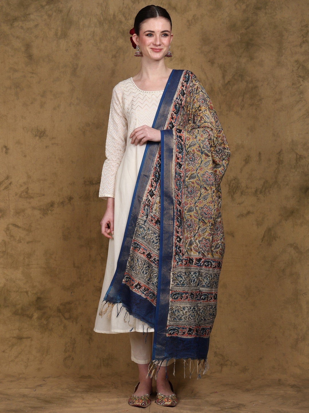 

Exotic India Kalamkari Zari Border Silk Dupatta with Printed Flowers, Green