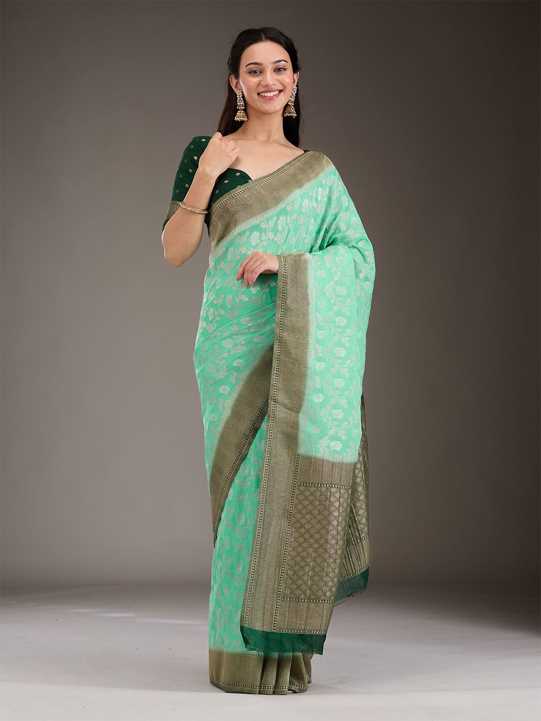 

Koskii Sea Green Zariwork Georgette Saree