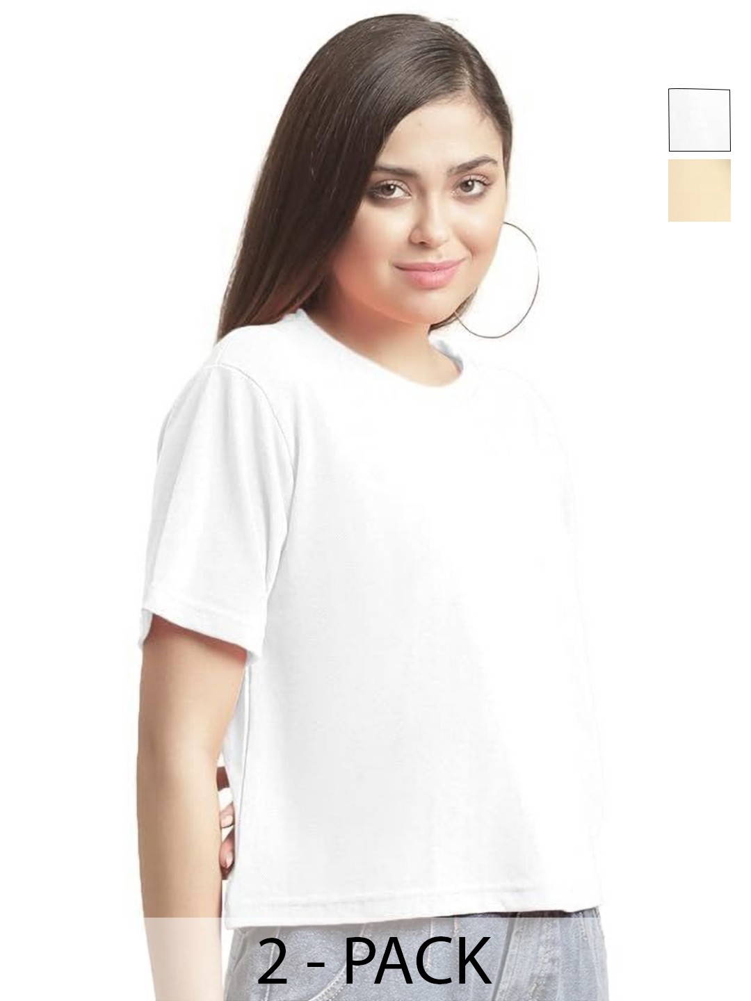 

NOTWILD Women Pack Of 2 Solid Cotton Relaxed Fit T-shirts, White